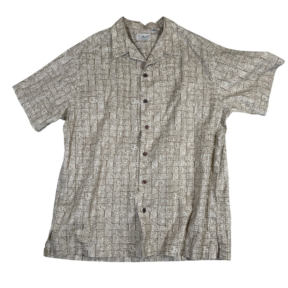 LL Bean Mens Mayan Glyph Print Button Down Shirt Tan Cotton M Reg 0AVC8